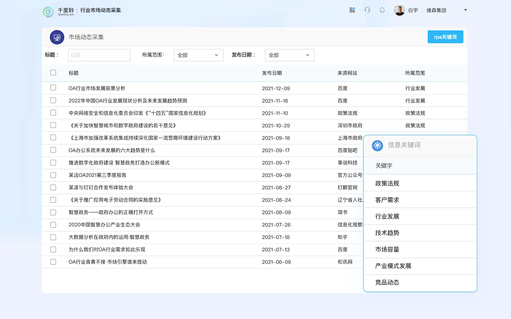 支持将获取到的数据信息填报至其他业务系统或本地留存，留存数据支持根据关键词检索